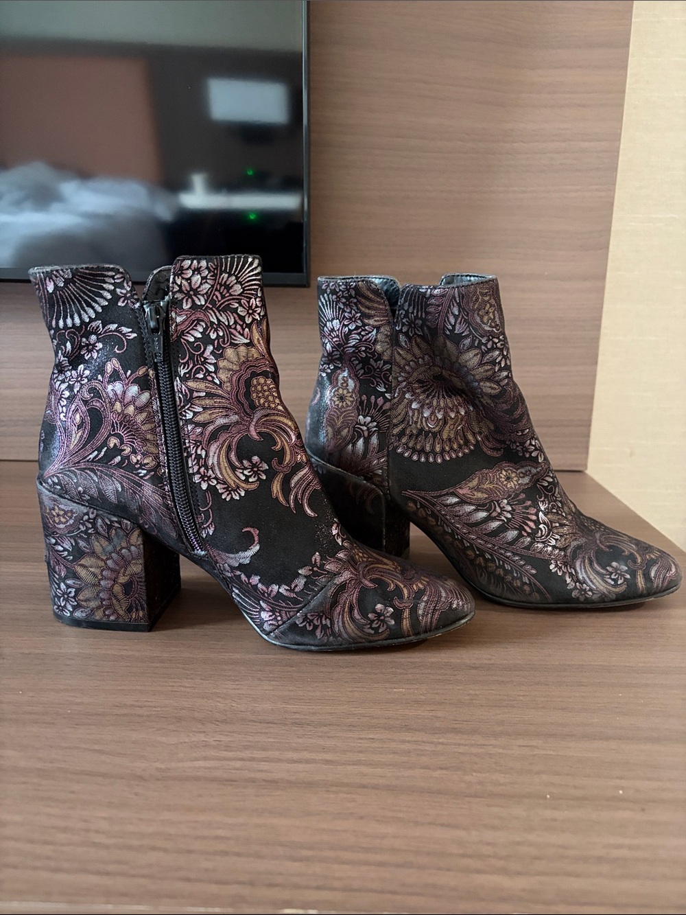 Aldo Black Paisley Embroidered Block Heel Ankle Boots
